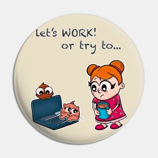 Lovely girl trying to work around her cute cat and bird Pin