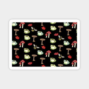 Frog and Mushroom Pattern with Black Background Magnet