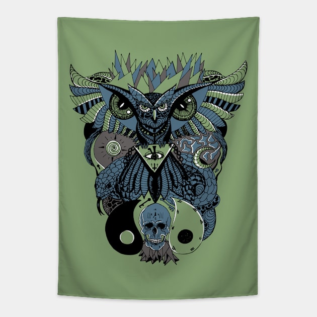 Mellow Cool Owl And Ageless Skull Tapestry by kenallouis