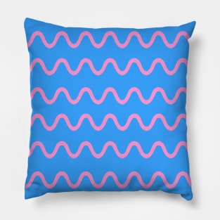 Wavy, Squiggly Lines, Pink on Blue Pillow