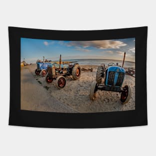 Fisheye view of tractors on Cromer beach on the North Norfolk coast Tapestry