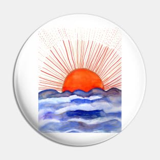 Golden Sun rising above the Ocean Watercolor Illustration Pin