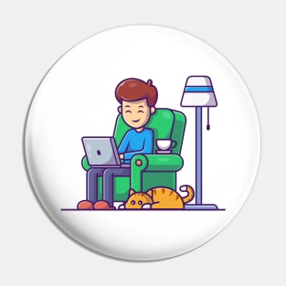 Male working on computer with cat cartoon Pin