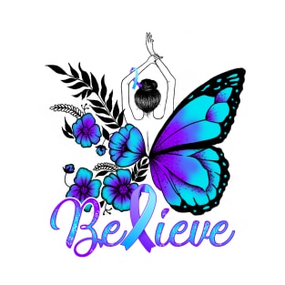 Believe Suicide Prevention Awareness Butterfly Purple And Teal Ribbon T-Shirt