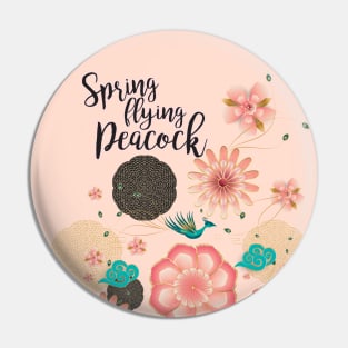 Floral Ornament, Flying Peacock Spring Peach Garden, Decorative Pink Flowers, blossom sakuras BOHO Pin