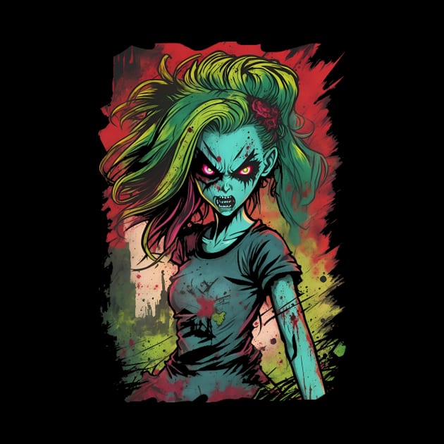 Comic book Anime style evil zombie girl lots of color mix of bright colors horror inspired by Terror-Fi