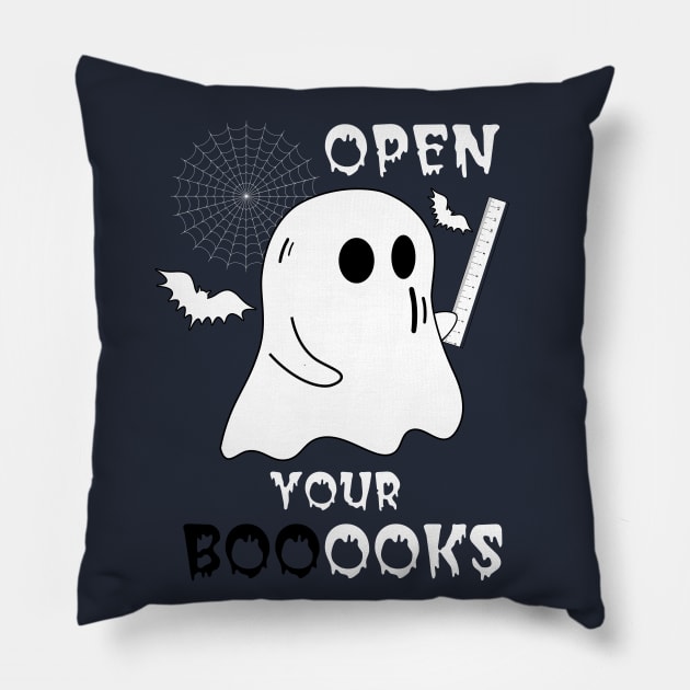 Boo Boo Crew Teacher Ghost Holding Ruler Funny Halloween - Open Your Booooks - Teacher Gift Pillow by OsOsgermany