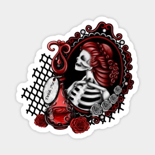 Red Skeleton Girl in Mirror Drink Me Bottle Red and White Roses Magnet