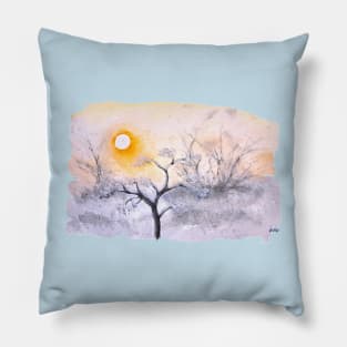 Watercolor January Sunrise Golden Rays Sparkling Snow Pillow