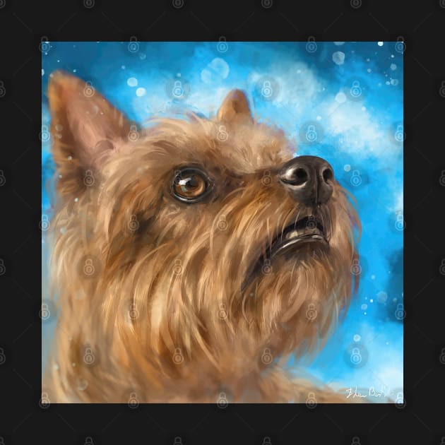 Painting of a Brown Yorkshire Terrier Looking Up With a Cute Facial Expression on Blue Background by ibadishi