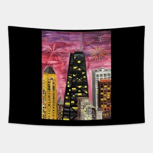 Chicago Night Skyline with Fireworks Painting Tapestry