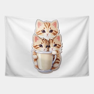 Cute Kittens With A Cup Of Milk Tea Tapestry