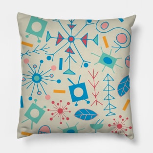 ATOMIC Mid-Century Modern Jet Age Retro Scattered Abstract in Turquoise Blue Red Pink Yellow on Cream - UnBlink Studio by Jackie Tahara Pillow