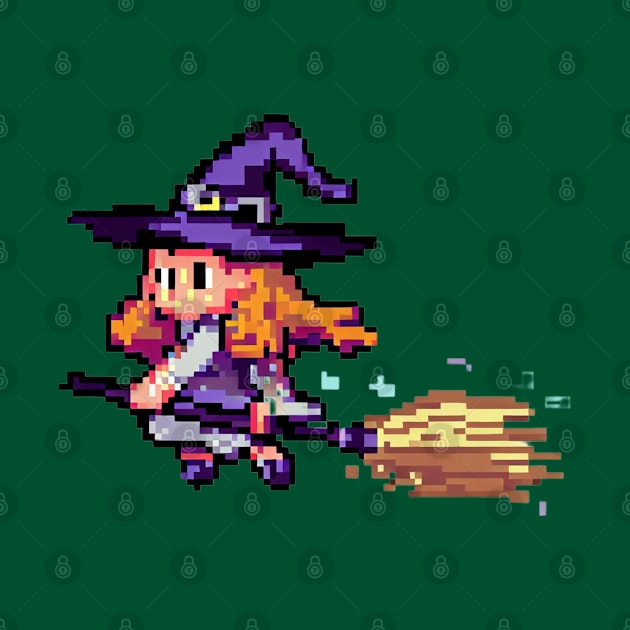 Little witch riding a broom, Pixel art by AT Digital