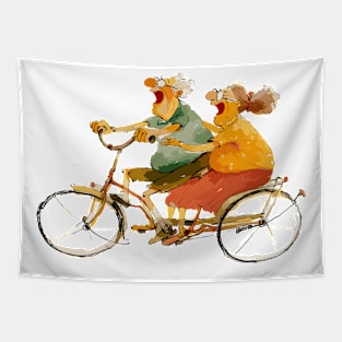 Old Couple Bicycling Tapestry