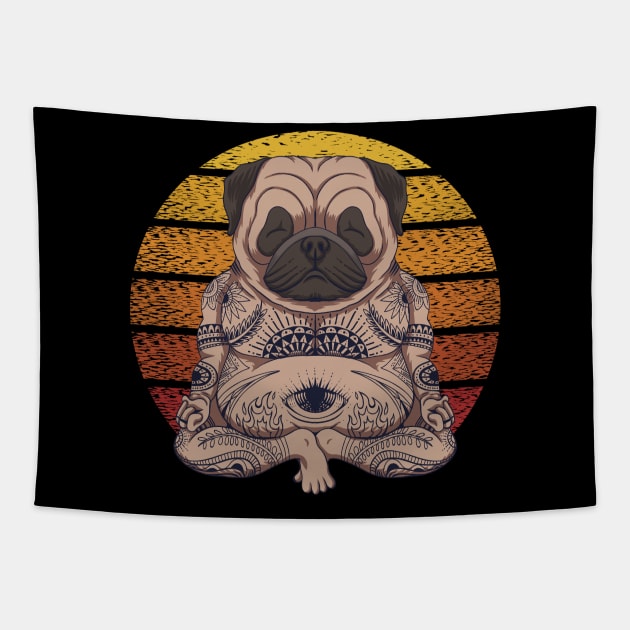 Yoga Pug Dog Sunset Vintage Tapestry by Mako Design 