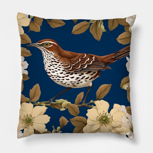 A Brown Thrasher Bird Surrounded By Rose Flowers Pillow by taiche