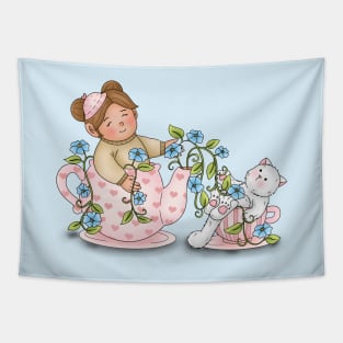 Girl And Cat Inside Tea Cup Tapestry