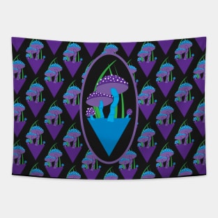 Adorable Illustrated Purple and Blue Mushroom Pattern Tapestry