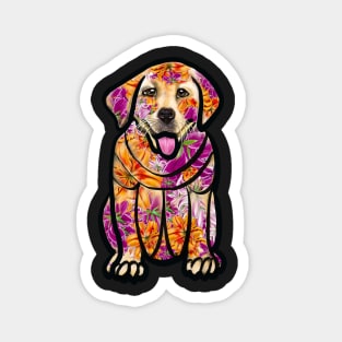 Dogs dog, Labrador retriever in flowers- doggie floral  cute Golden Labrador retriever puppy dog in winter beanie hat Magnet