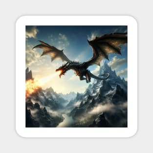 Unveiling the Majestic Sight: A Fire-Breathing Dragon Soaring Over the Mountain Peaks in Stunning Detail Magnet