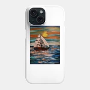 Sailing ship in the open ocean at sunset Phone Case