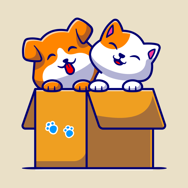 Cute Dog And Cute Cat Playing In Box Cartoon by Catalyst Labs