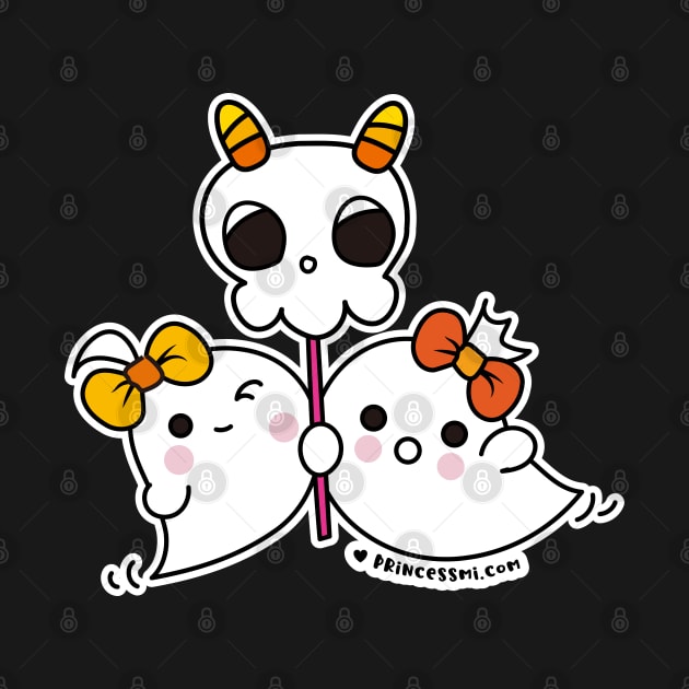 two ghosts cute spooky, cute skull ghost illustration by princessmi-com