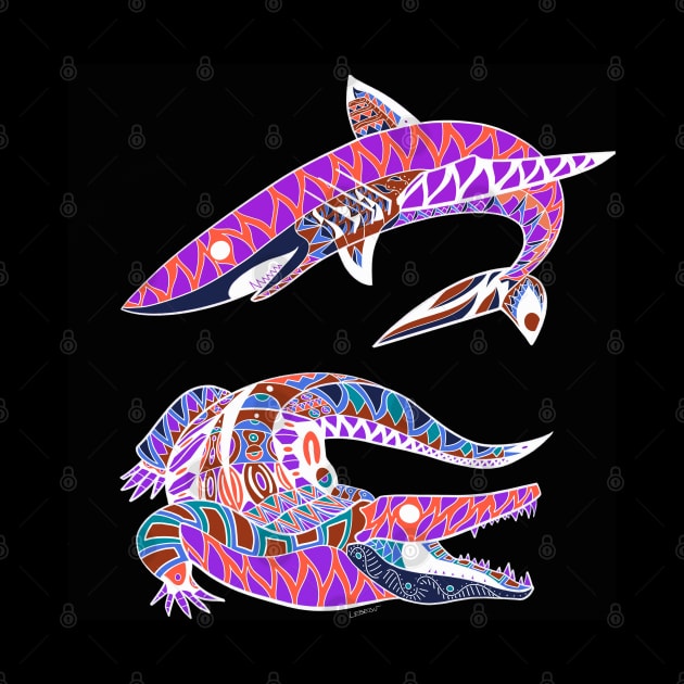 the shark and the crocodile in swamp florida aztec ecopop pattern by jorge_lebeau