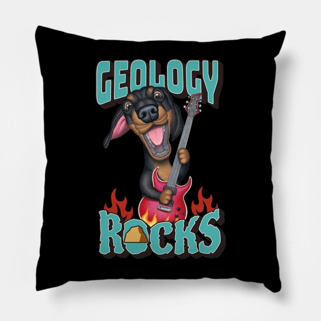 Cute Geology Rocks with dachshund doxie dog playing guitar Pillow by Danny Gordon Art