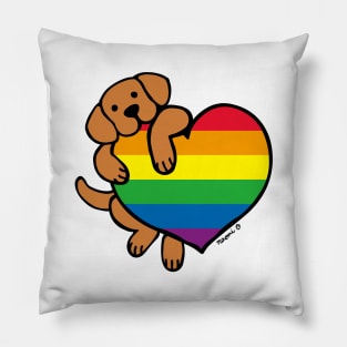 Fox Red Labrador Holding Rainbow Heart Pillow