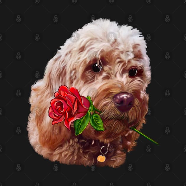 Cavapoo cavoodle with red rose - Cavapoo puppy dog  - cavalier king charles spaniel poodle, dog Valentine’s day by Artonmytee