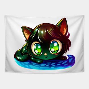 Black cat with green eyes Loves water Tapestry