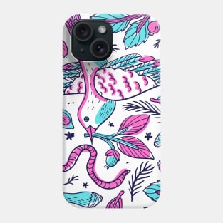 Blue and pink bird with worm and flowers pattern Phone Case