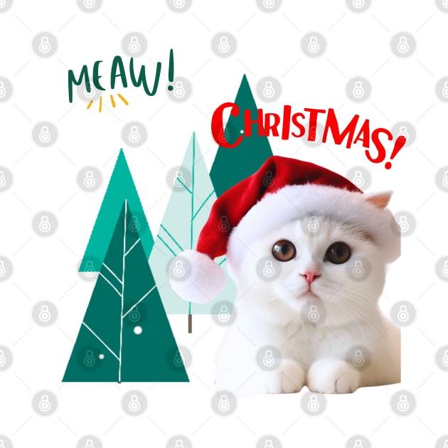 White Cat in Santa hat with Christmas Tree ,Brafdesign by Brafdesign