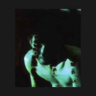 Portrait, digital collage, special processing. Dark, scary, shirtless man looking. Green and white. T-Shirt