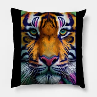 Pop Art Tiger Face In Vibrant Colors - A Unique and Playful Art Print For Animal Lovers Pillow