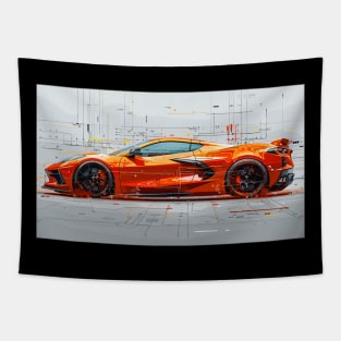 Orange C8 Corvette Tech Drawing Supercar Racecar Amplify Orange Corvette C8 Tapestry