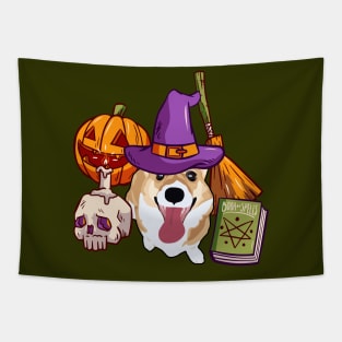 Halloween Corgi Witch - Broom Tapestry
