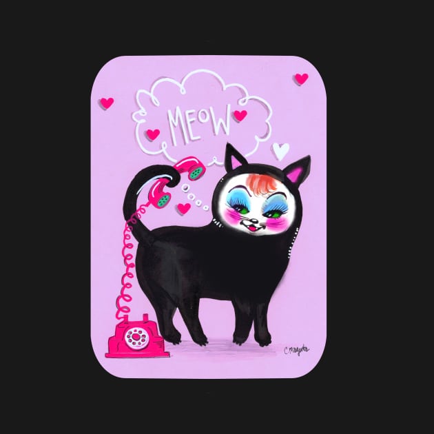 Sassy Cat Black Kitty MEOW with Hearts by Magenta Arts