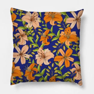 Lily Flower Pattern On Blue Pillow