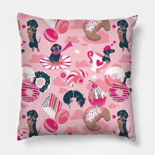 Pastel café sweet love dream // pattern // grey background fuchsia pink pastry details blue dachshund dog puppies Pillow