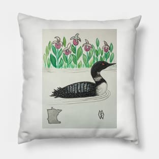 Minnesota state bird & flower, the loon and pink-and-white lady's slipper Pillow