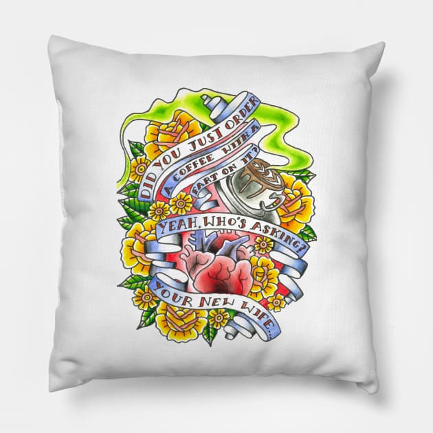 a coffee with a fart on it. last podcast artwork Pillow by FinnIreland