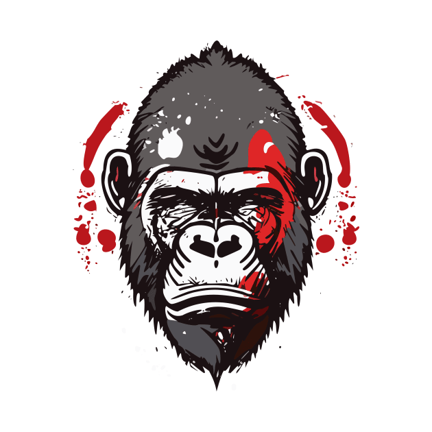 t-shirt design, gorilla with red paint splatters on its face, poster art by goingplaces