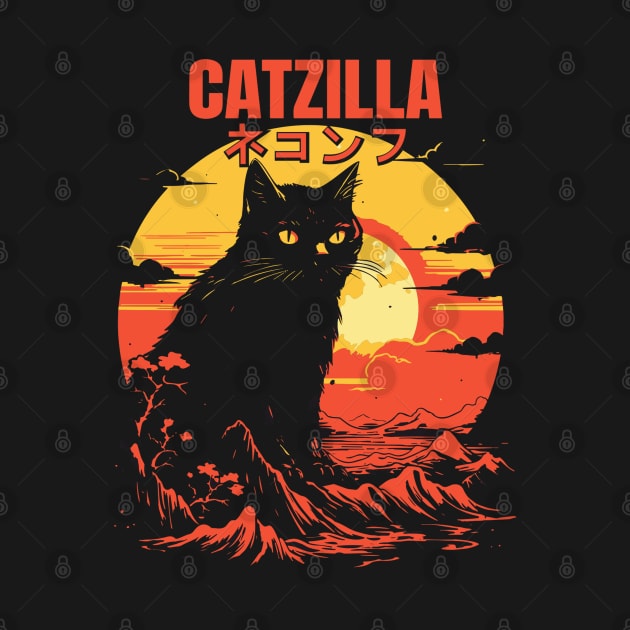 Catzilla Japanese Kanji Retro Mountain Sunset Cat Lover by rhazi mode plagget