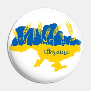 Map of Ukraine decorated with wheat ear in Ukrainian flag colors Pin