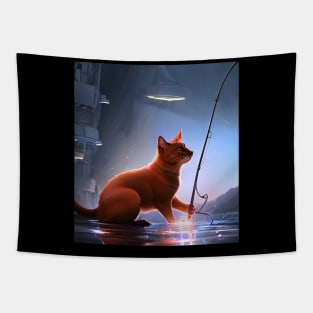 Futuristic Fishing of a Cat Tapestry