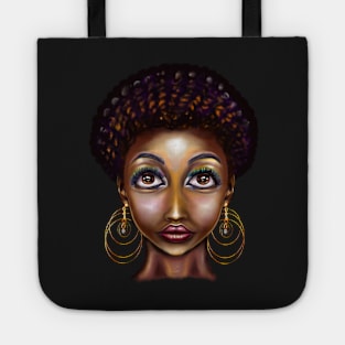 Queen Black is beautiful black girl with Gold earrings, expressive brown eyes looking  upwards and dark brown skin ! Tote