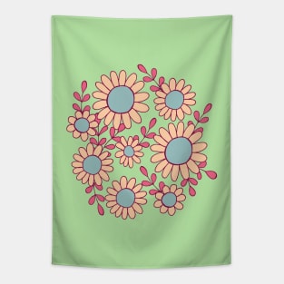 Retro 70s daisy flowers botanical design in green, pink and blue Tapestry